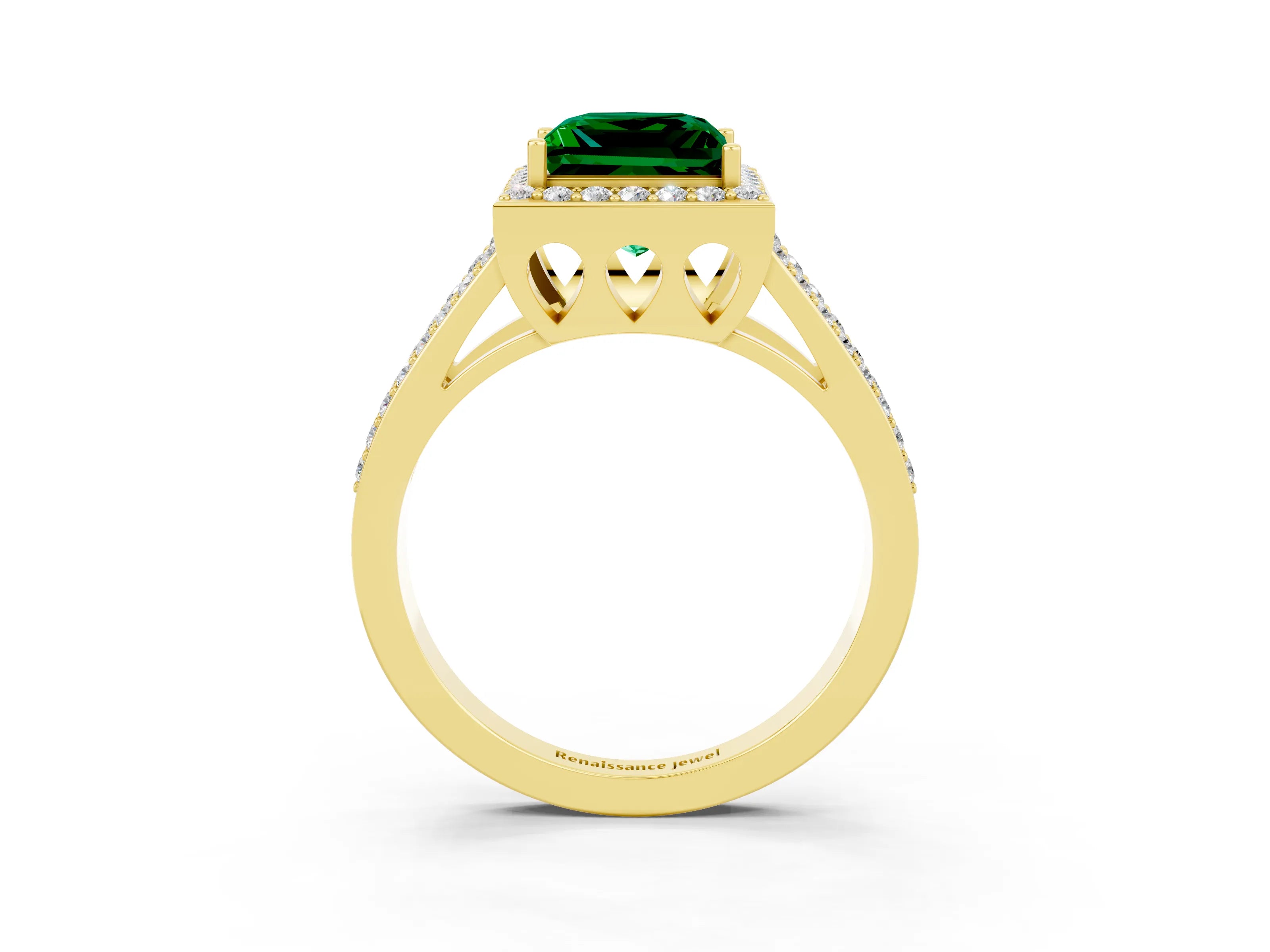 Yellow gold Princess Cut Emerald Halo Ring with Split Shank U-Prong Band and Four-Prong Setting_3