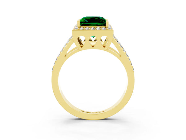 Yellow gold Princess Cut Emerald Halo Ring with Split Shank U-Prong Band and Four-Prong Setting