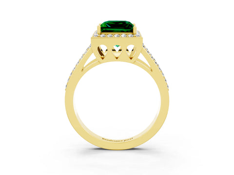 Yellow gold Princess Cut Emerald Halo Ring with Split Shank U-Prong Band and Four-Prong Setting_3