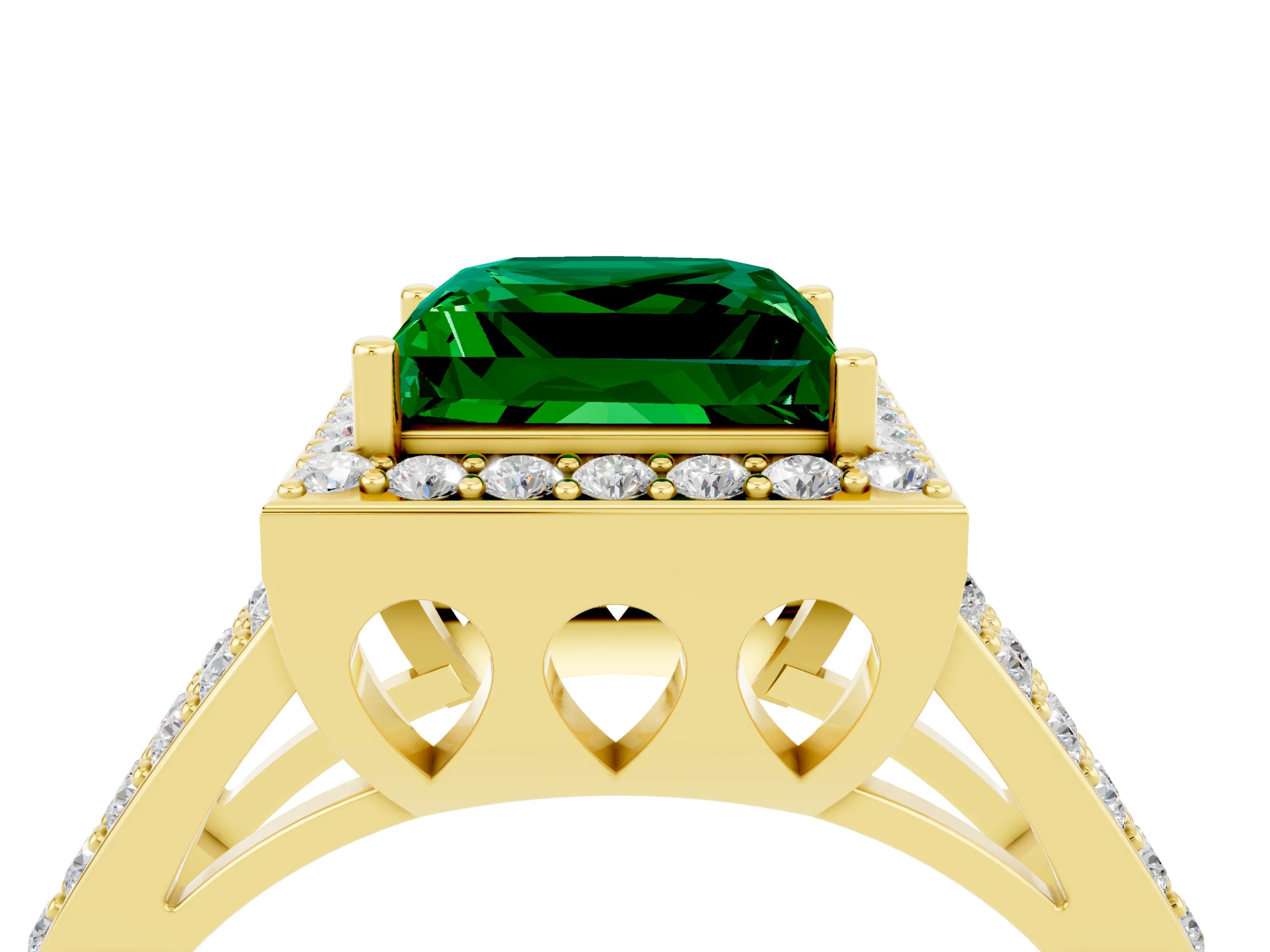 Yellow gold Princess Cut Emerald Halo Ring with Split Shank U-Prong Band and Four-Prong Setting_4