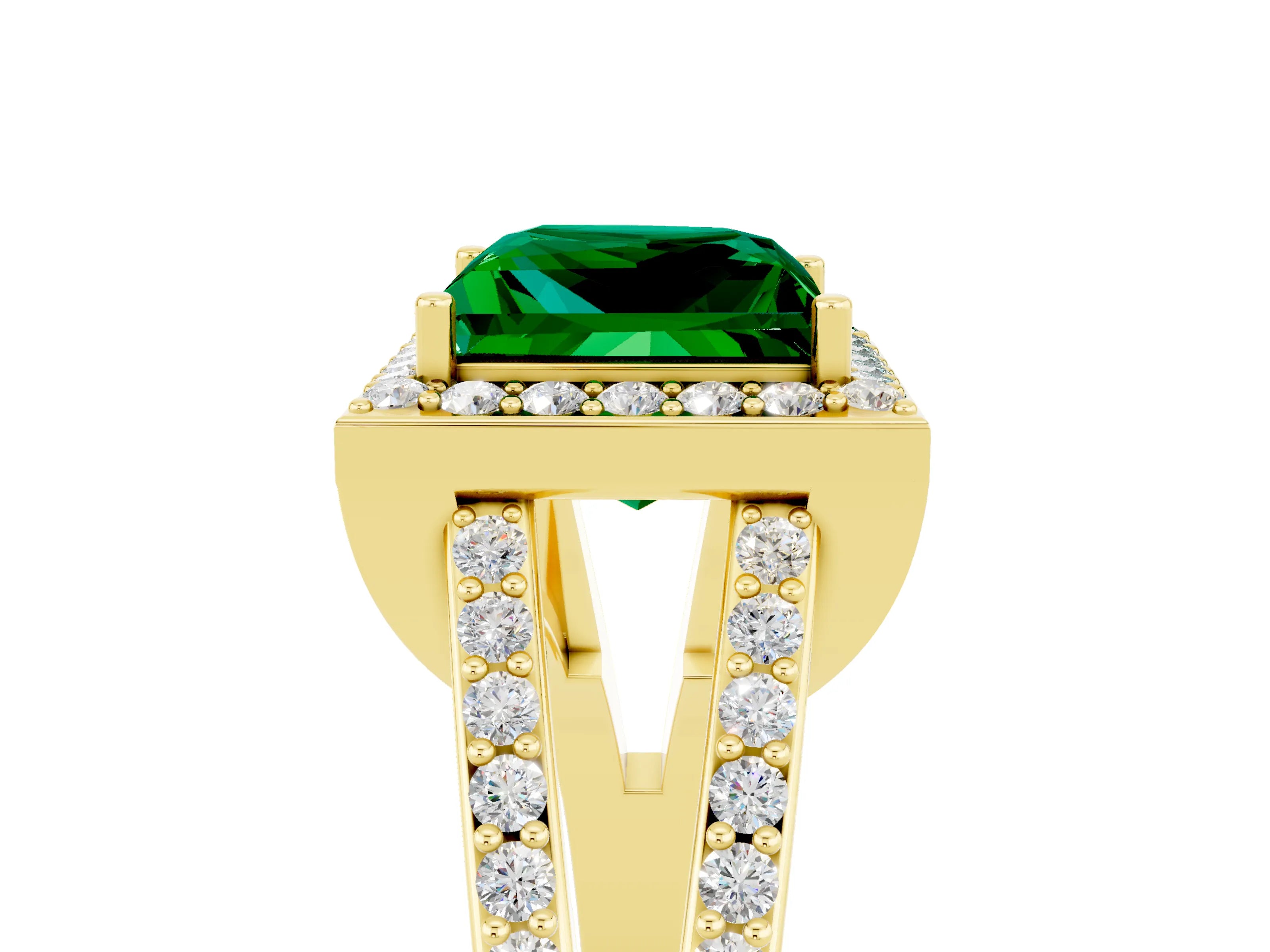 Yellow gold Princess Cut Emerald Halo Ring with Split Shank U-Prong Band and Four-Prong Setting_5