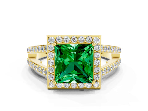 Yellow gold Princess Cut Emerald Halo Ring with Split Shank U-Prong Band and Four-Prong Setting