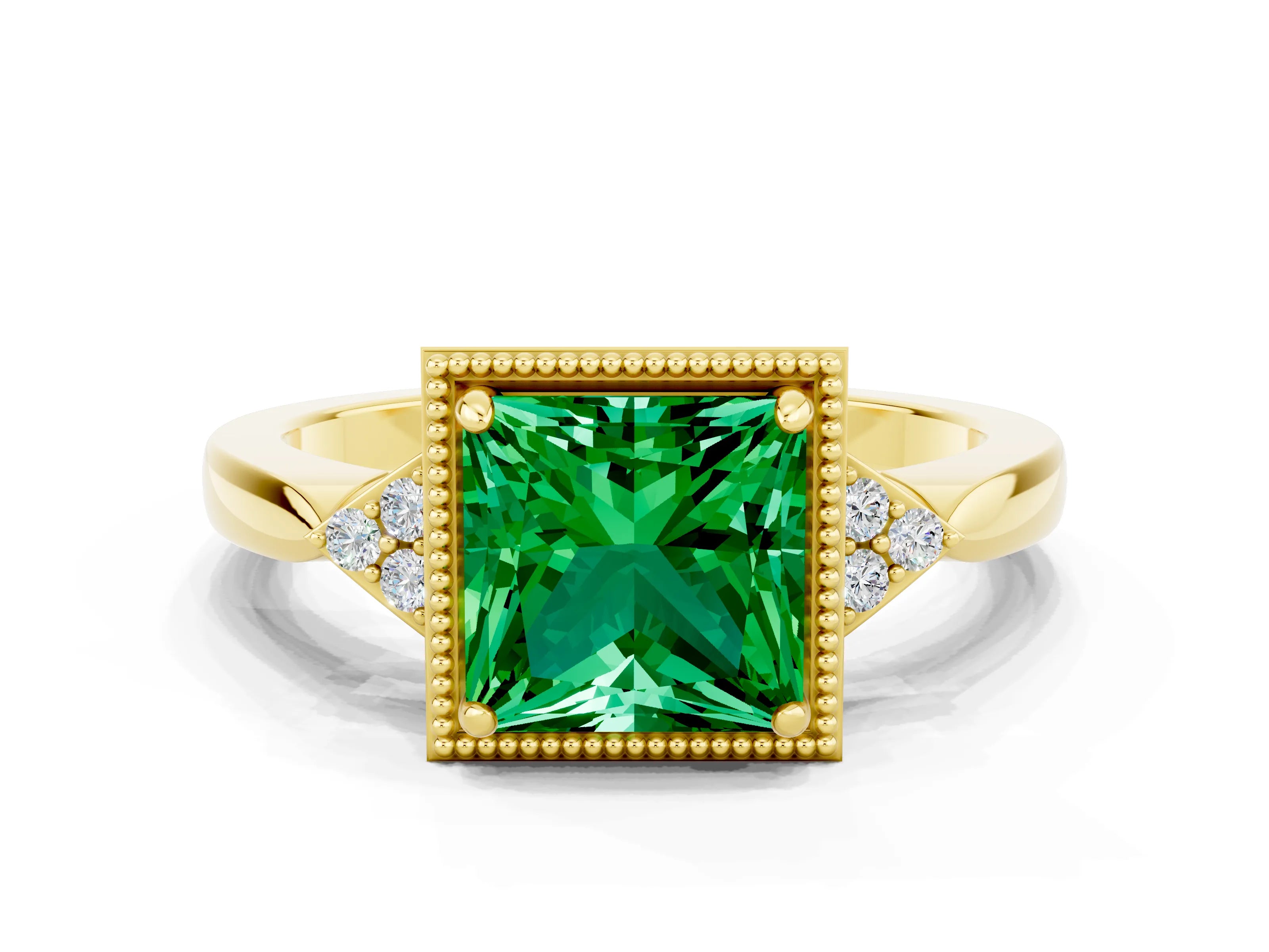 Yellow gold Princess Cut Emerald Halo Ring with Tapered Band and Four-Prong Setting