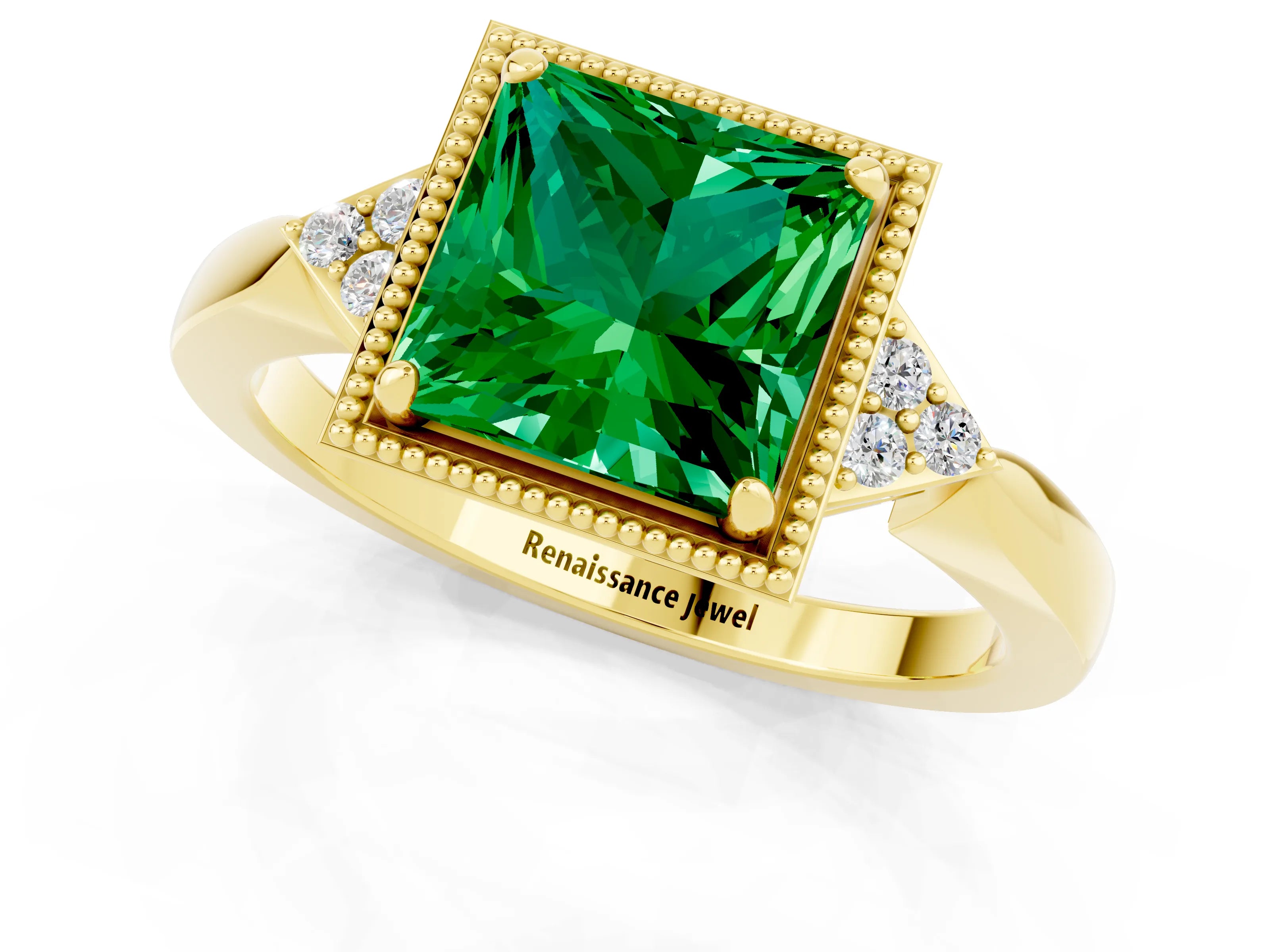 Yellow gold Princess Cut Emerald Halo Ring with Tapered Band and Four-Prong Setting_1