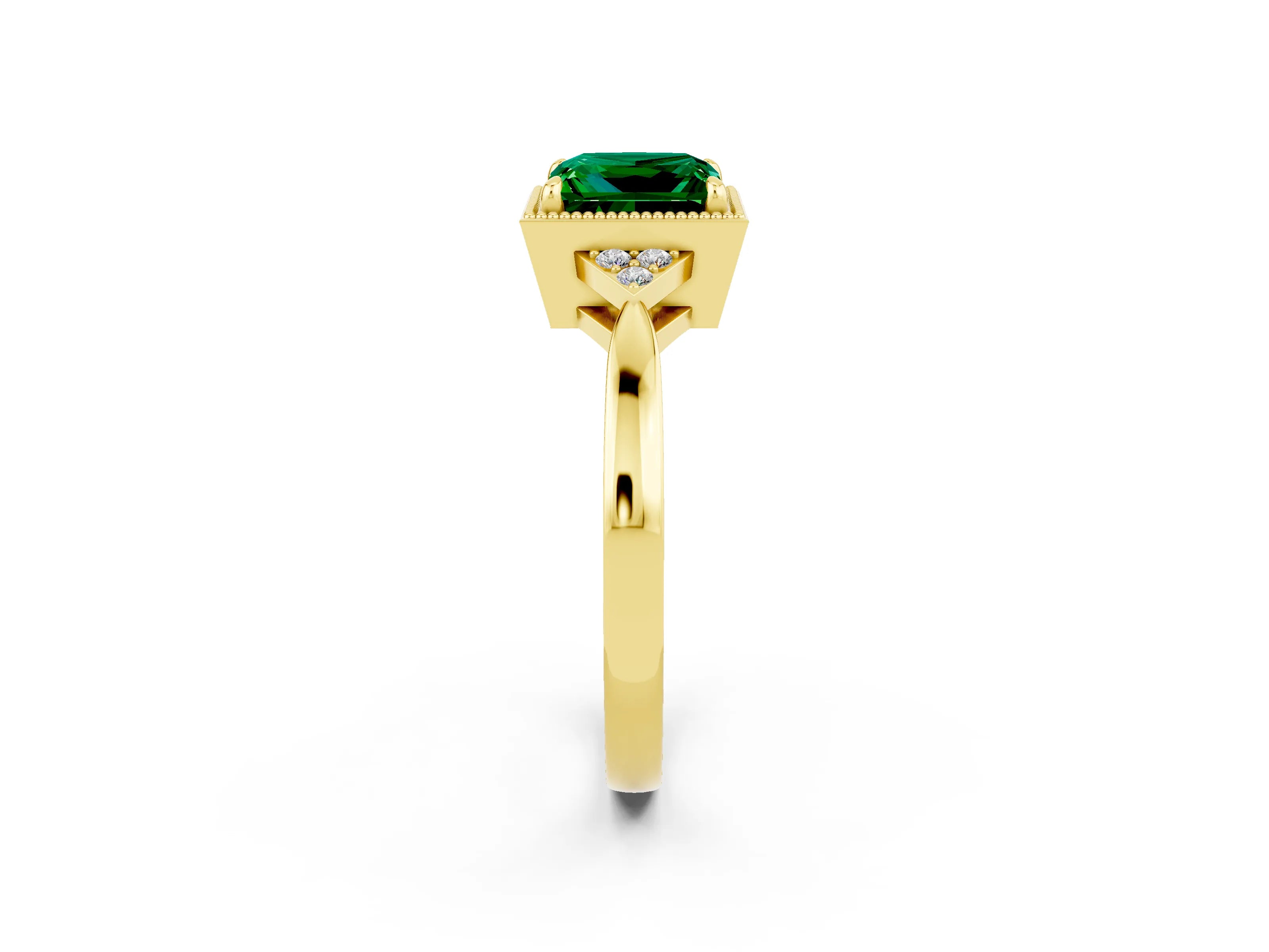 Yellow gold Princess Cut Emerald Halo Ring with Tapered Band and Four-Prong Setting_2