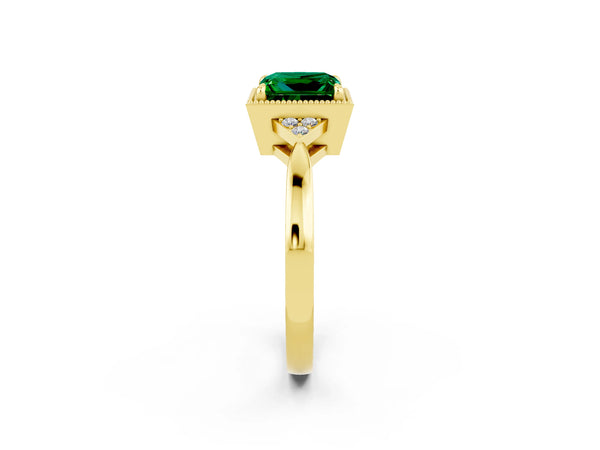 Yellow gold Princess Cut Emerald Halo Ring with Tapered Band and Four-Prong Setting