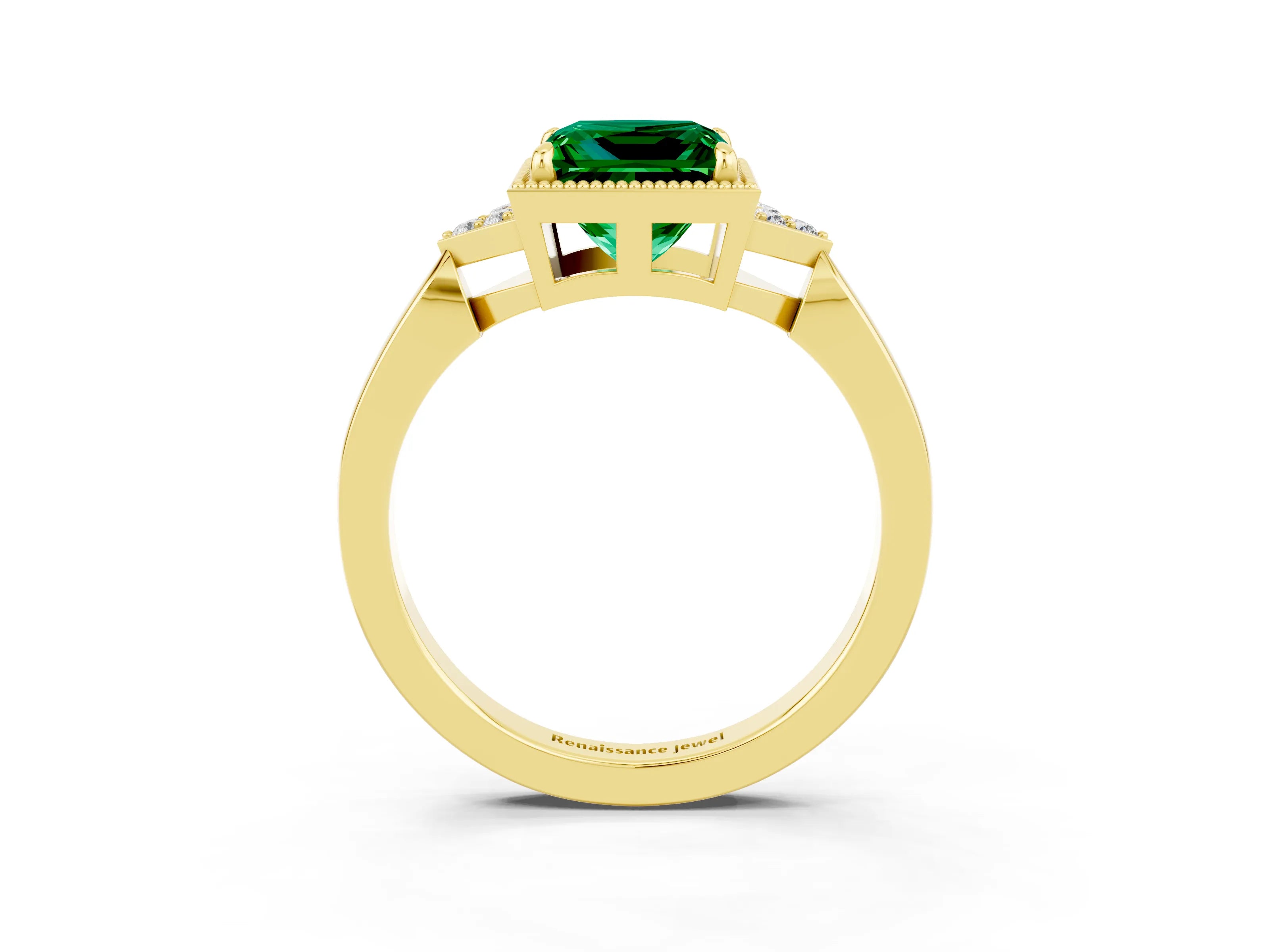 Yellow gold Princess Cut Emerald Halo Ring with Tapered Band and Four-Prong Setting_3