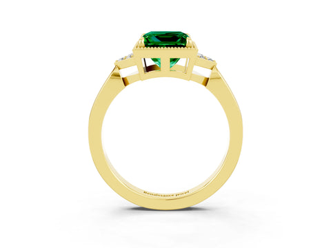 Yellow gold Princess Cut Emerald Halo Ring with Tapered Band and Four-Prong Setting_3
