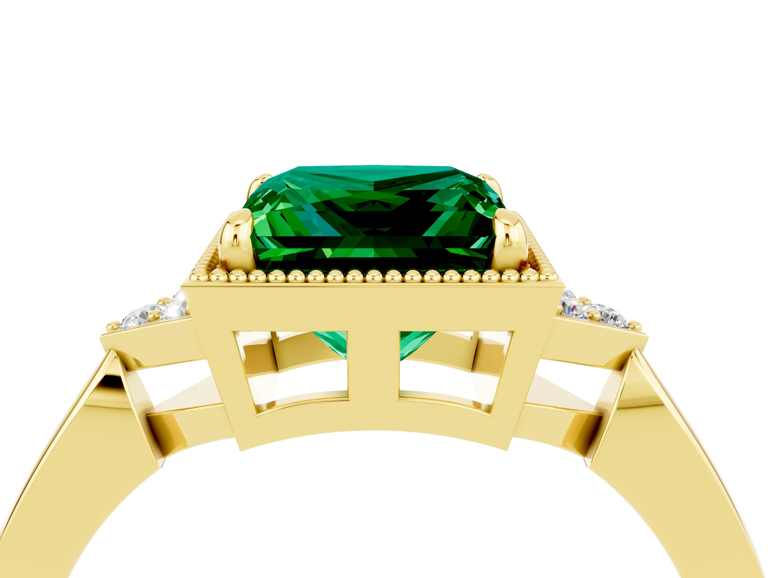 Yellow gold Princess Cut Emerald Halo Ring with Tapered Band and Four-Prong Setting_4