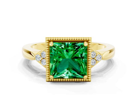 Yellow gold Princess Cut Emerald Halo Ring with Tapered Band and Four-Prong Setting