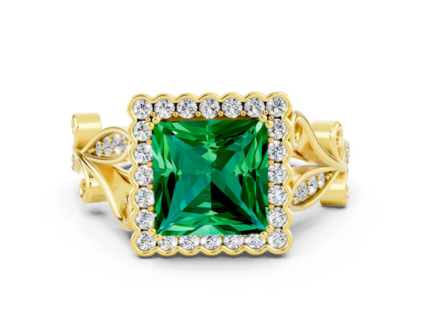 Yellow gold Princess Cut Emerald Halo Ring with Vintage Split Shank and Four-Prong Setting