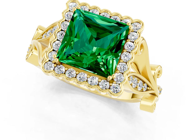Yellow gold Princess Cut Emerald Halo Ring with Vintage Split Shank and Four-Prong Setting