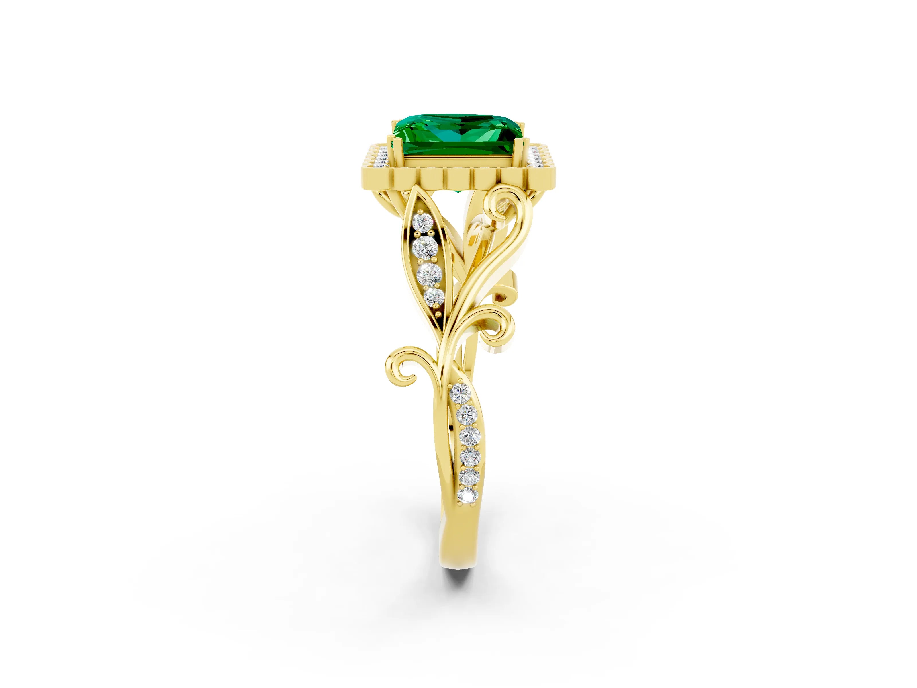 Yellow gold Princess Cut Emerald Halo Ring with Vintage Split Shank and Four-Prong Setting_2