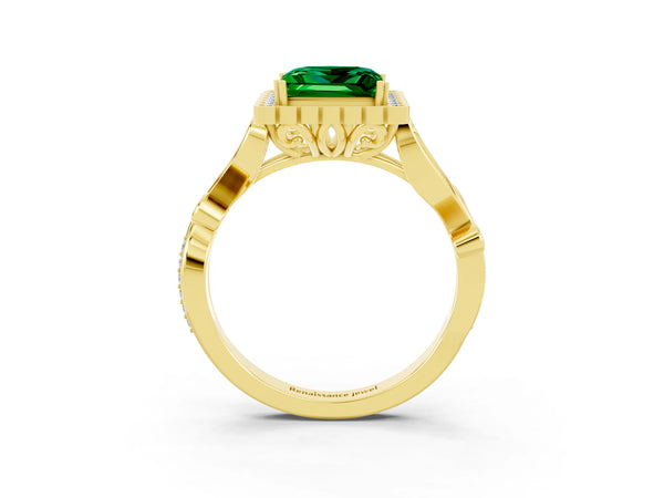 Yellow gold Princess Cut Emerald Halo Ring with Vintage Split Shank and Four-Prong Setting