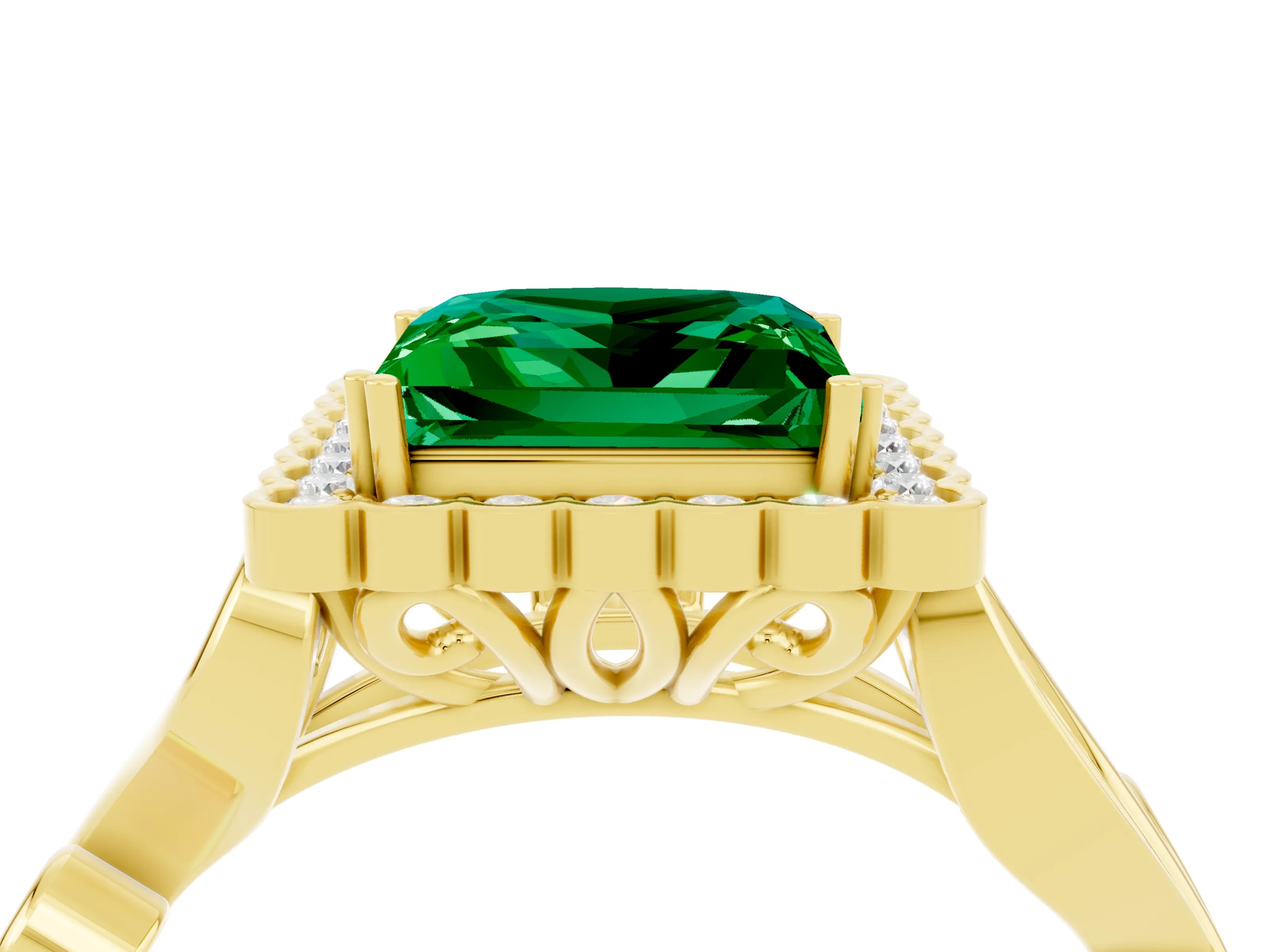 Yellow gold Princess Cut Emerald Halo Ring with Vintage Split Shank and Four-Prong Setting_4