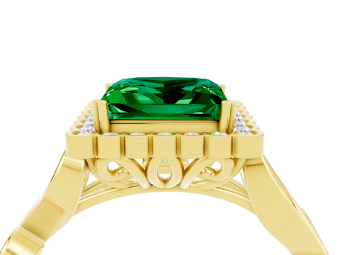 Yellow gold Princess Cut Emerald Halo Ring with Vintage Split Shank and Four-Prong Setting_4