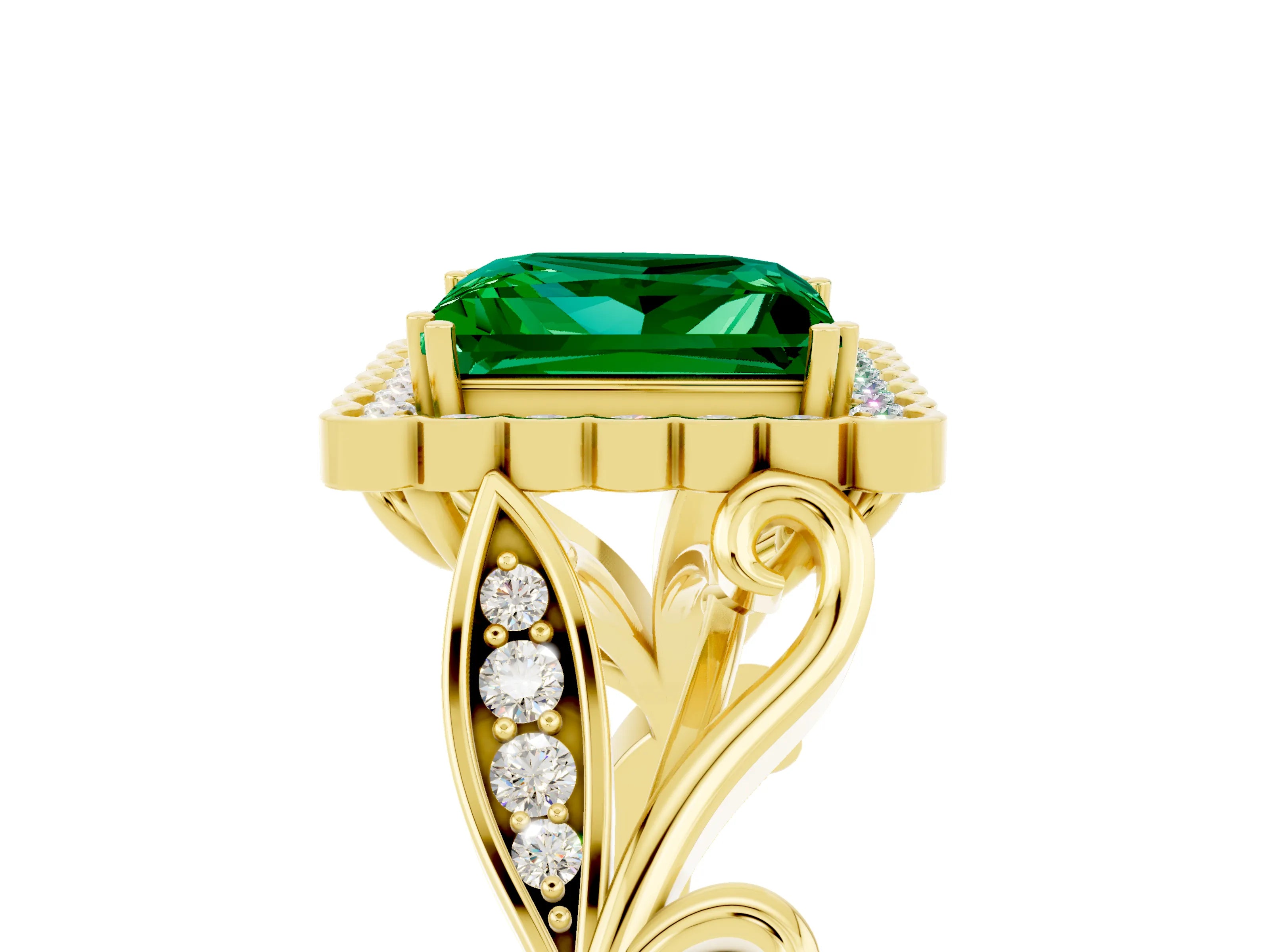 Yellow gold Princess Cut Emerald Halo Ring with Vintage Split Shank and Four-Prong Setting_5