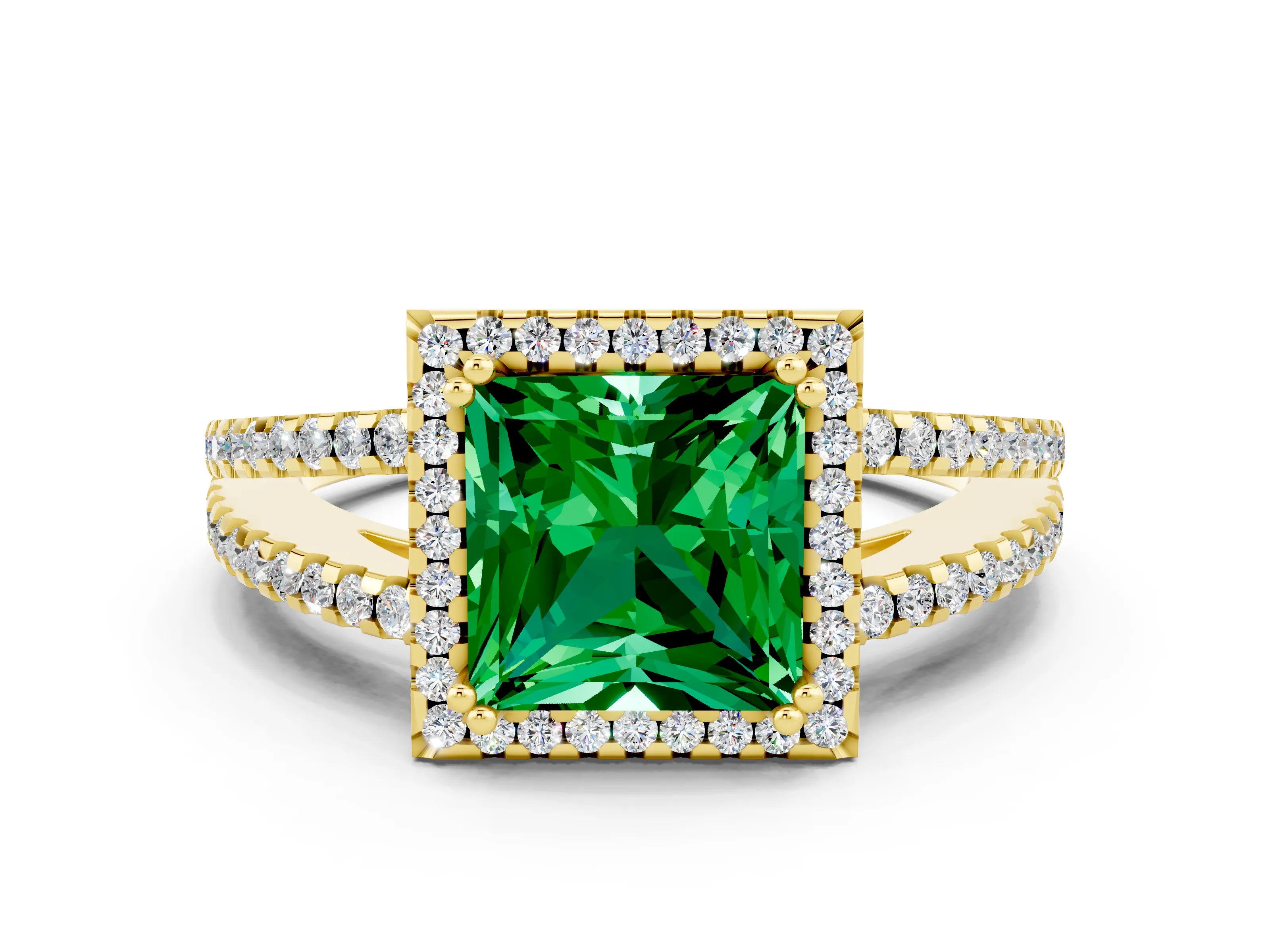 Yellow gold Princess Cut Emerald Halo Split Shank Engagement Ring_12