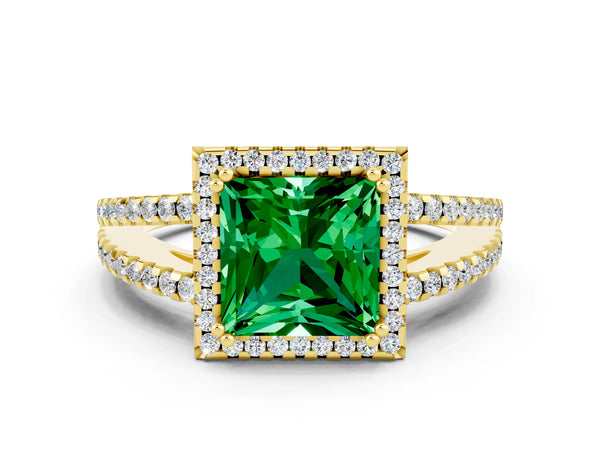 Yellow gold Princess Cut Emerald Halo Split Shank Engagement Ring