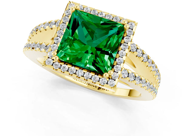 Yellow gold Princess Cut Emerald Halo Split Shank Engagement Ring