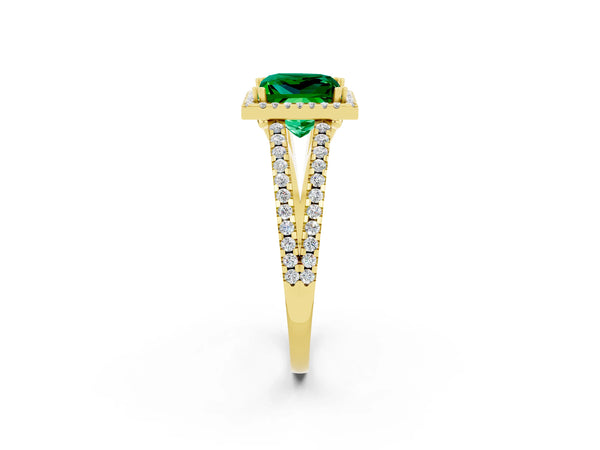 Yellow gold Princess Cut Emerald Halo Split Shank Engagement Ring