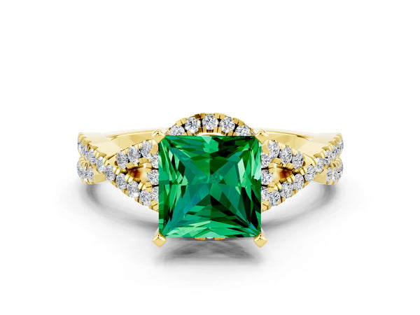 Yellow gold Princess Cut Emerald  Halo Twist Band Solitaire Prong Setting Ring