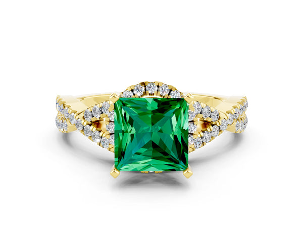 Yellow gold Princess Cut Emerald  Halo Twist Band Solitaire Prong Setting Ring