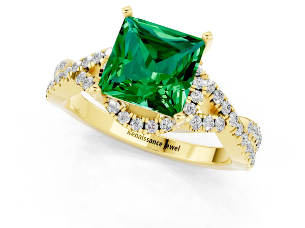 Yellow gold Princess Cut Emerald  Halo Twist Band Solitaire Prong Setting Ring