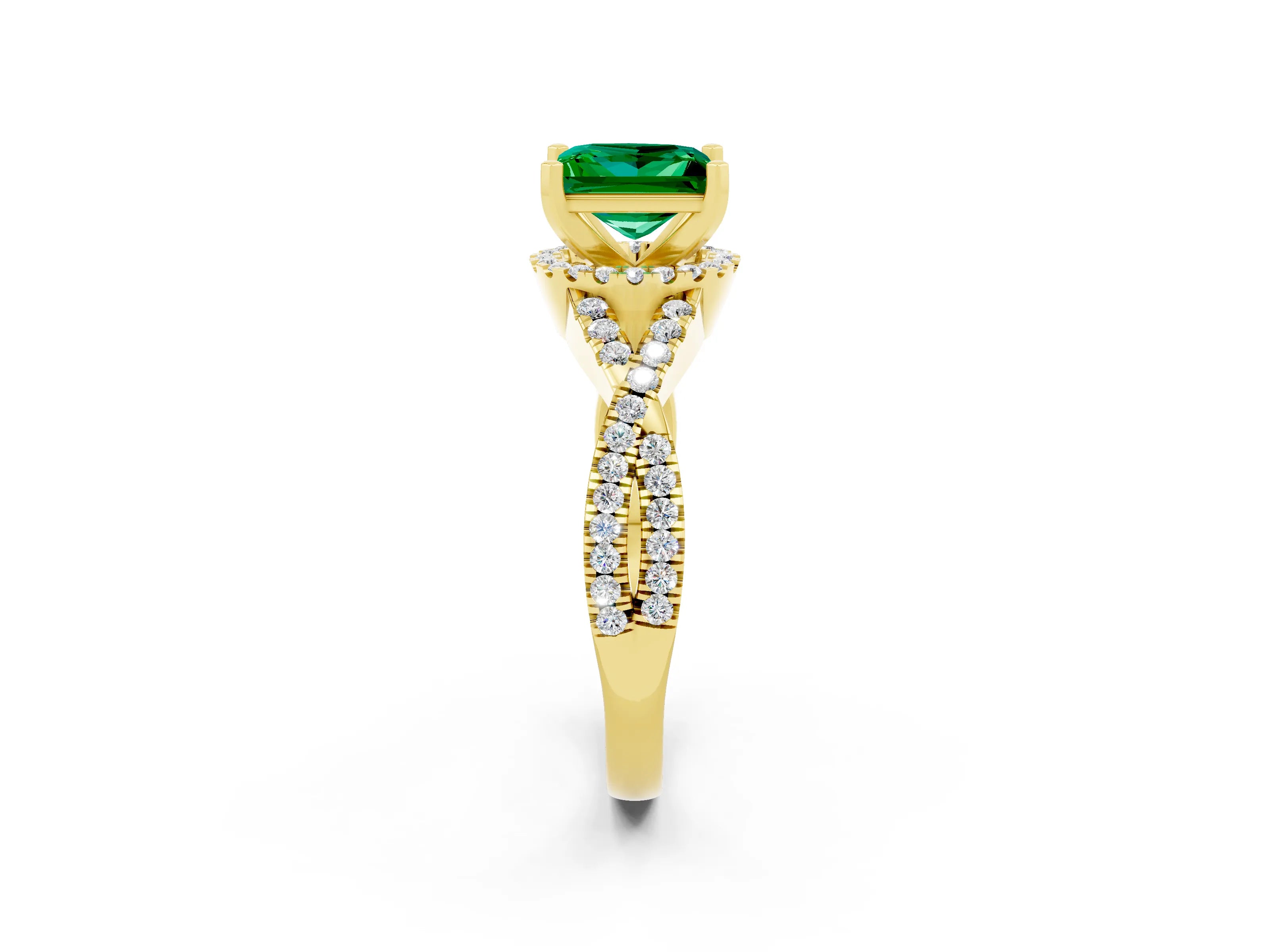 Yellow gold Princess Cut Emerald Halo Twist Band Solitaire Prong Setting Ring_2