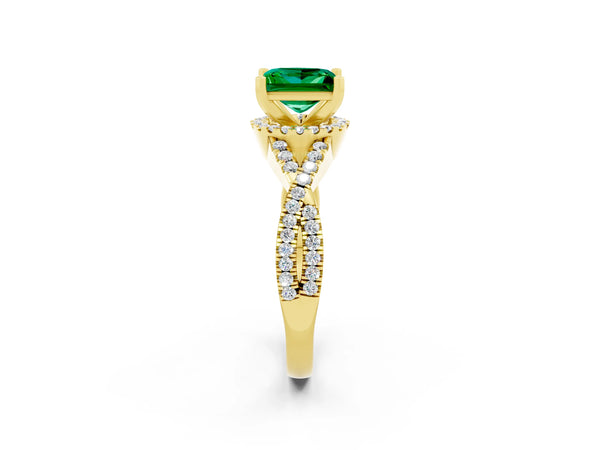Yellow gold Princess Cut Emerald  Halo Twist Band Solitaire Prong Setting Ring