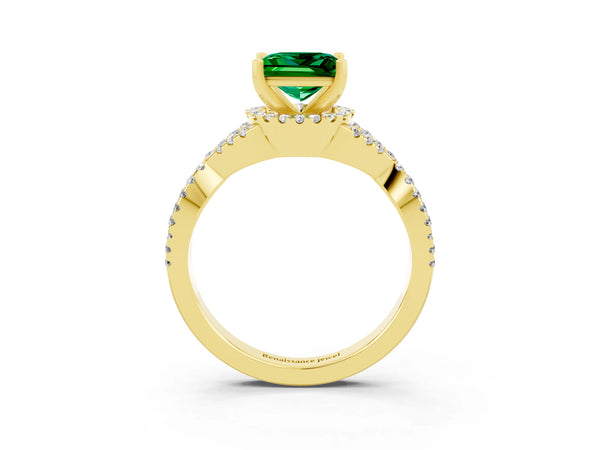 Yellow gold Princess Cut Emerald  Halo Twist Band Solitaire Prong Setting Ring