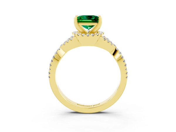 Yellow gold Princess Cut Emerald  Halo Twist Band Solitaire Prong Setting Ring