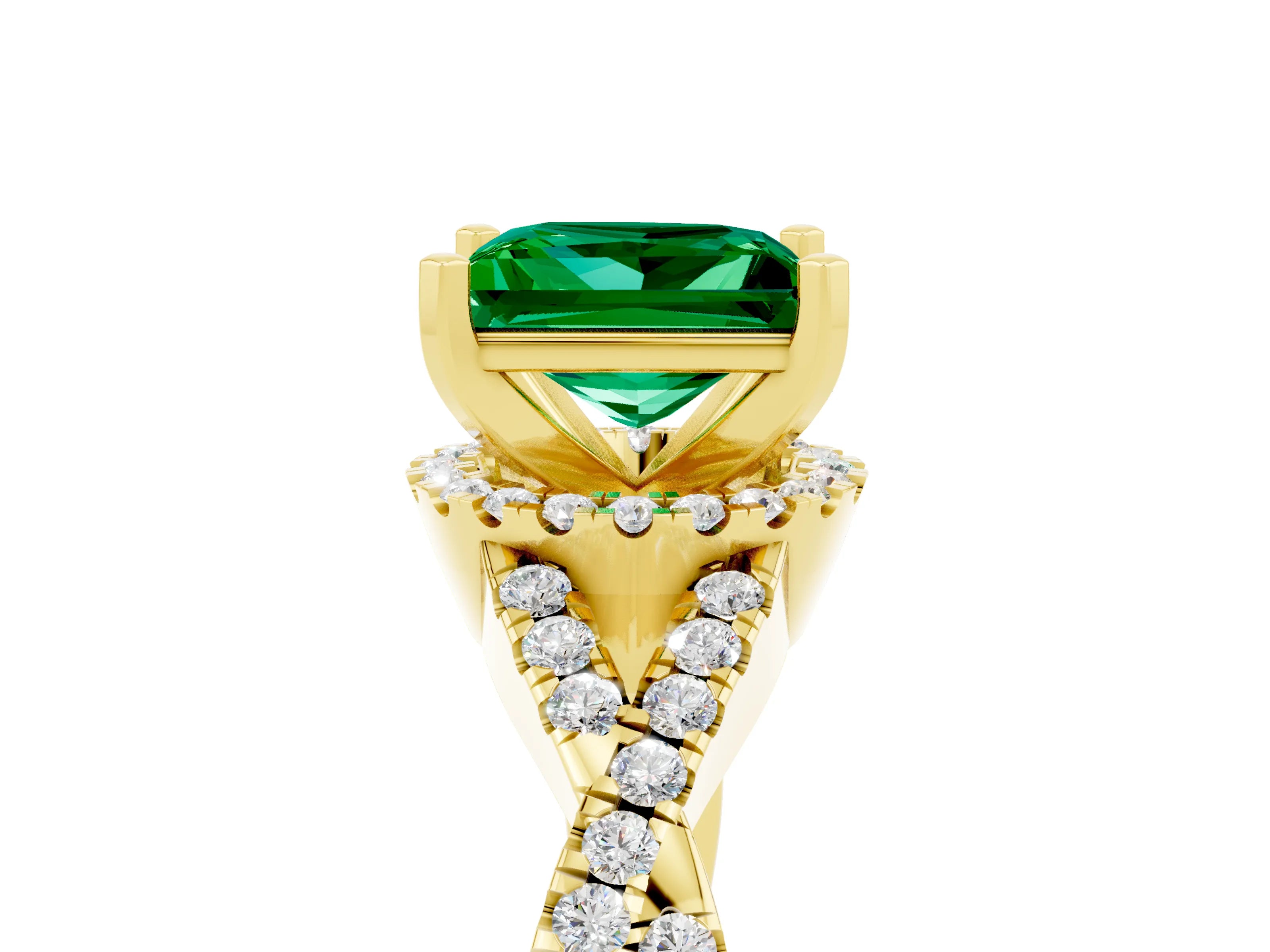 Yellow gold Princess Cut Emerald Halo Twist Band Solitaire Prong Setting Ring_5