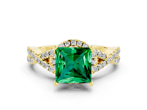 Yellow gold Princess Cut Emerald Halo Twist Band Solitaire Prong Setting Ring