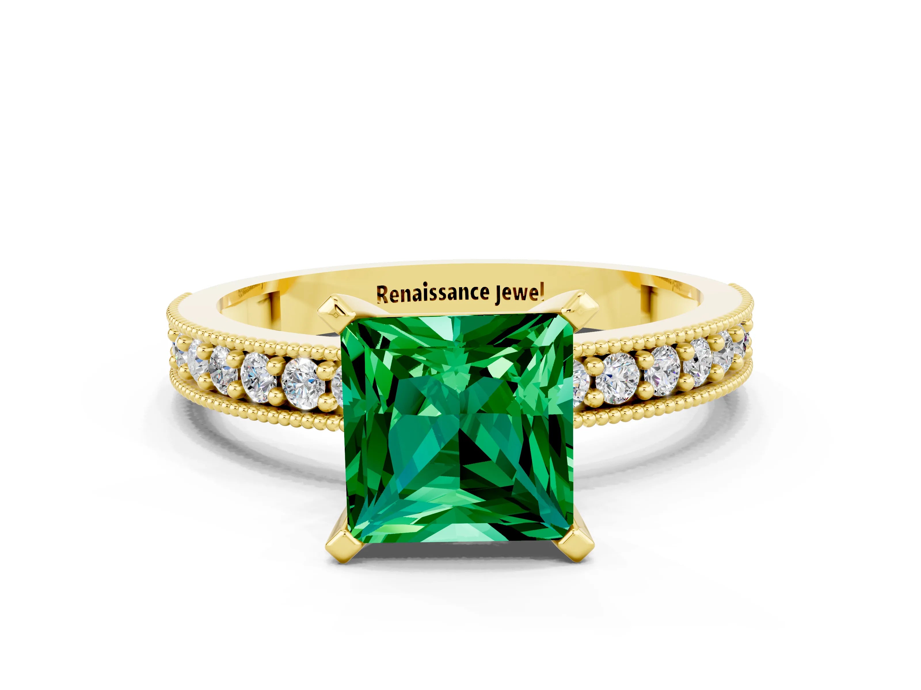 Yellow gold Princess Cut Emerald Milgrain Pavé Engagement Ring with Four-Prong Setting_12