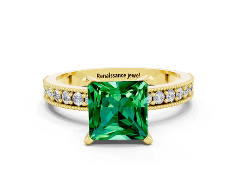 Yellow gold Princess Cut Emerald Milgrain Pavé Engagement Ring with Four-Prong Setting_12