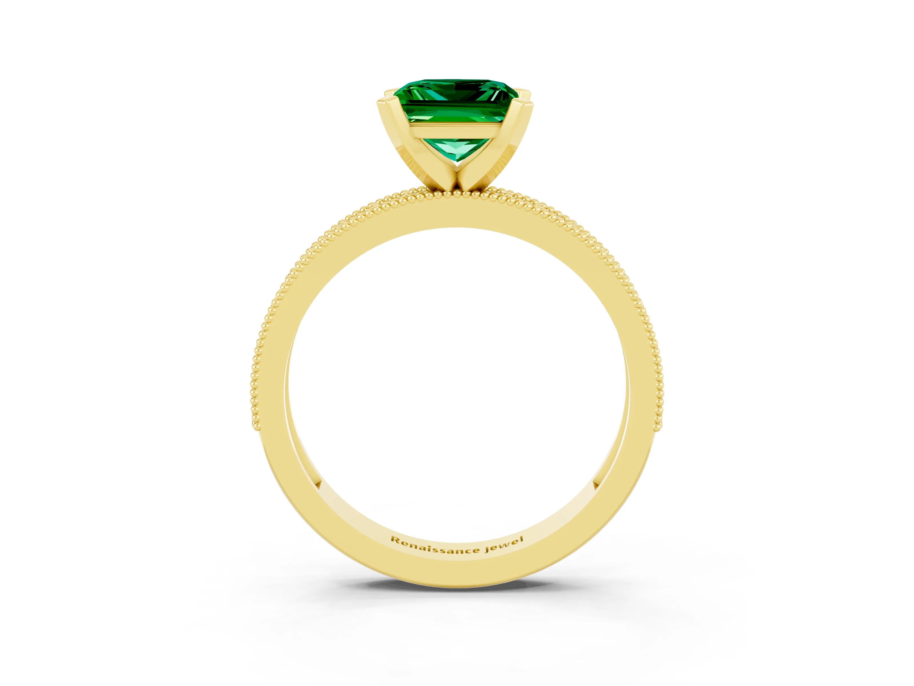 Yellow gold Princess Cut Emerald Milgrain Pavé Engagement Ring with Four-Prong Setting_15