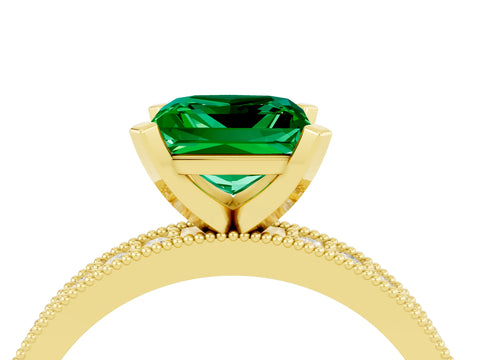 Yellow gold Princess Cut Emerald Milgrain Pavé Engagement Ring with Four-Prong Setting_16