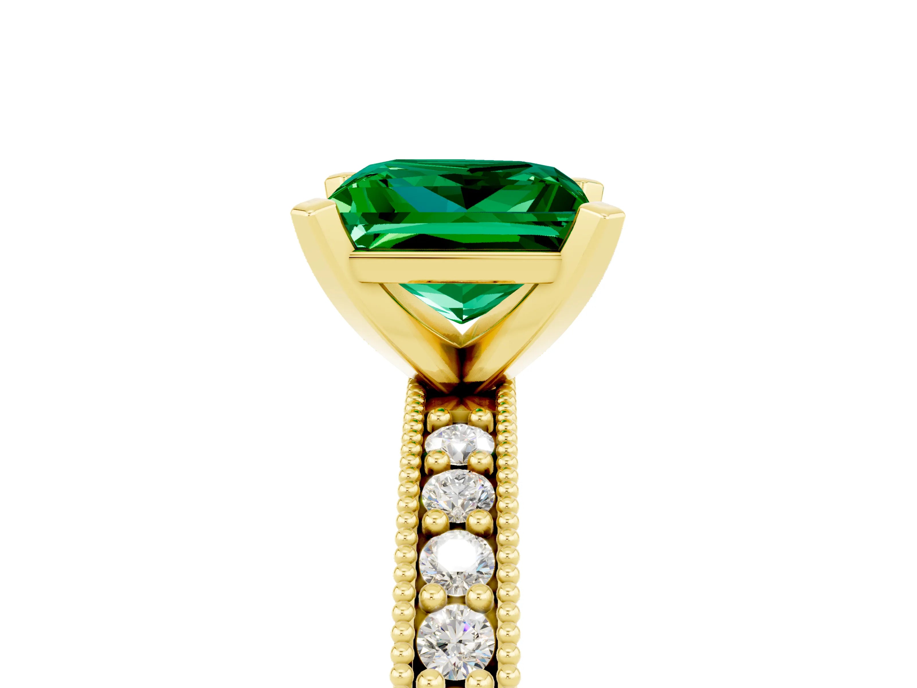 Yellow gold Princess Cut Emerald Milgrain Pavé Engagement Ring with Four-Prong Setting_17
