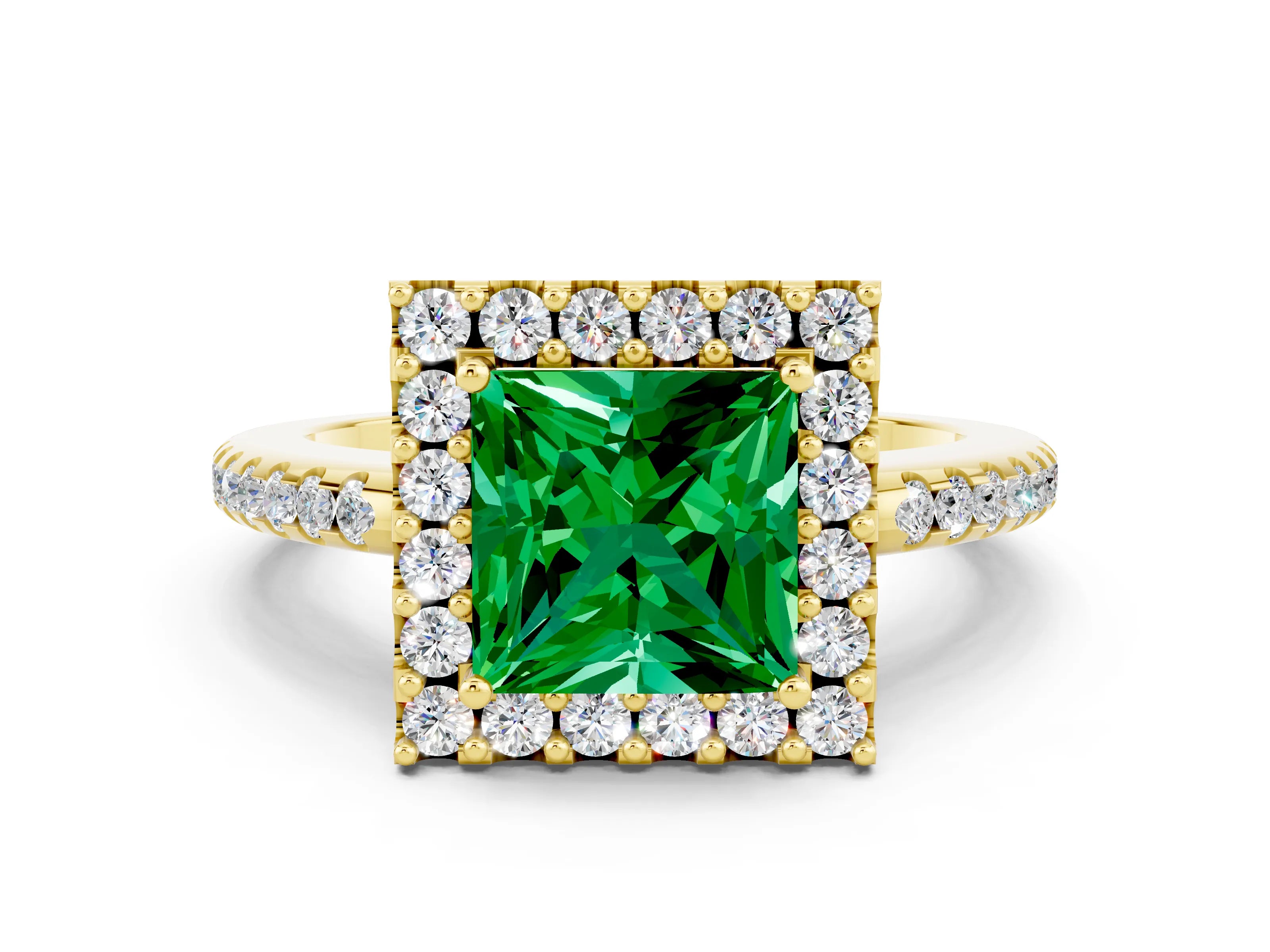 Yellow gold Princess Cut Emerald Pavé Halo Ring with Four-Prong Setting_12