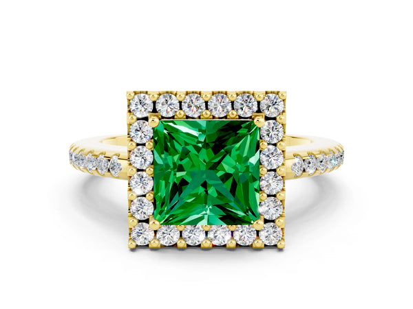 Yellow gold Princess Cut Emerald Pavé Halo Ring with Four-Prong Setting