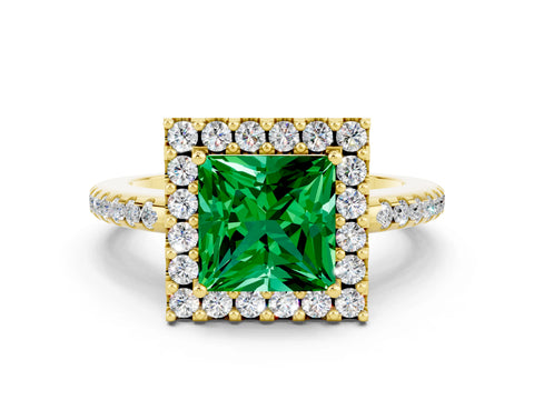Yellow gold Princess Cut Emerald Pavé Halo Ring with Four-Prong Setting_12