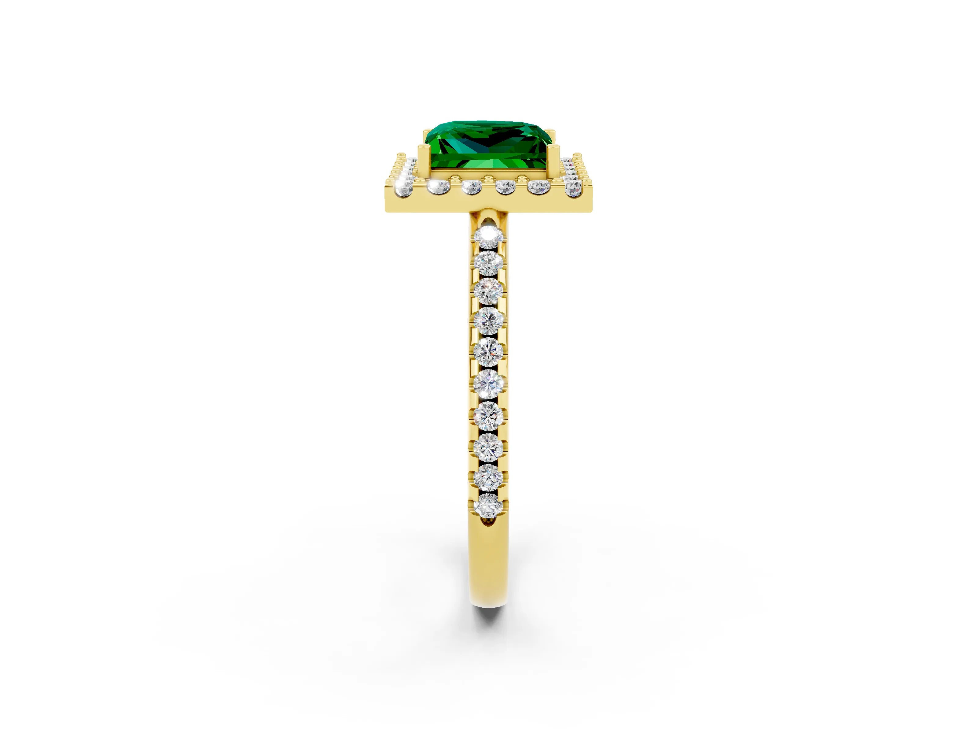 Yellow gold Princess Cut Emerald Pavé Halo Ring with Four-Prong Setting_14