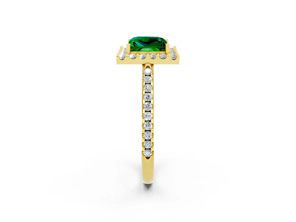 Yellow gold Princess Cut Emerald Pavé Halo Ring with Four-Prong Setting