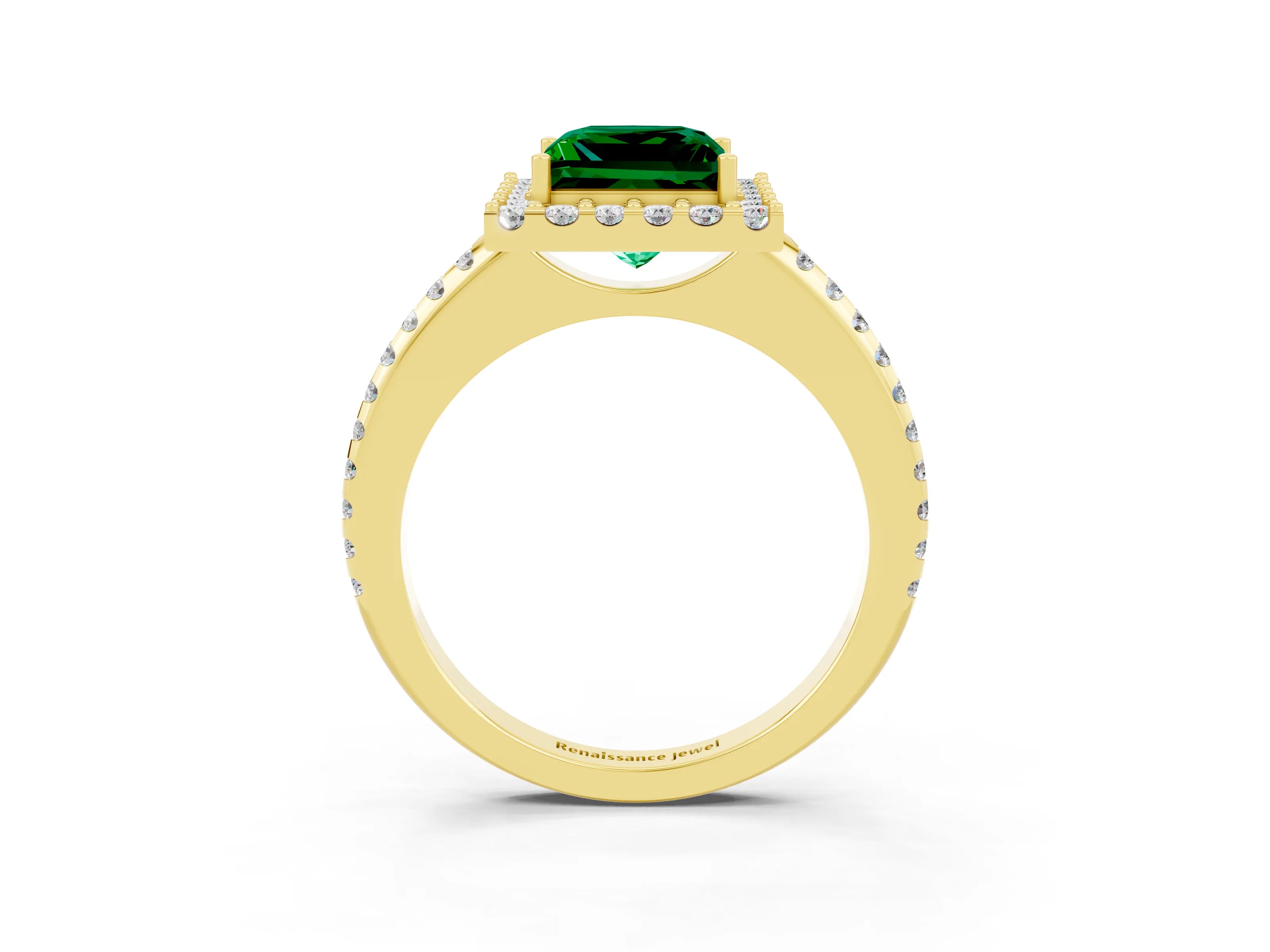 Yellow gold Princess Cut Emerald Pavé Halo Ring with Four-Prong Setting_15