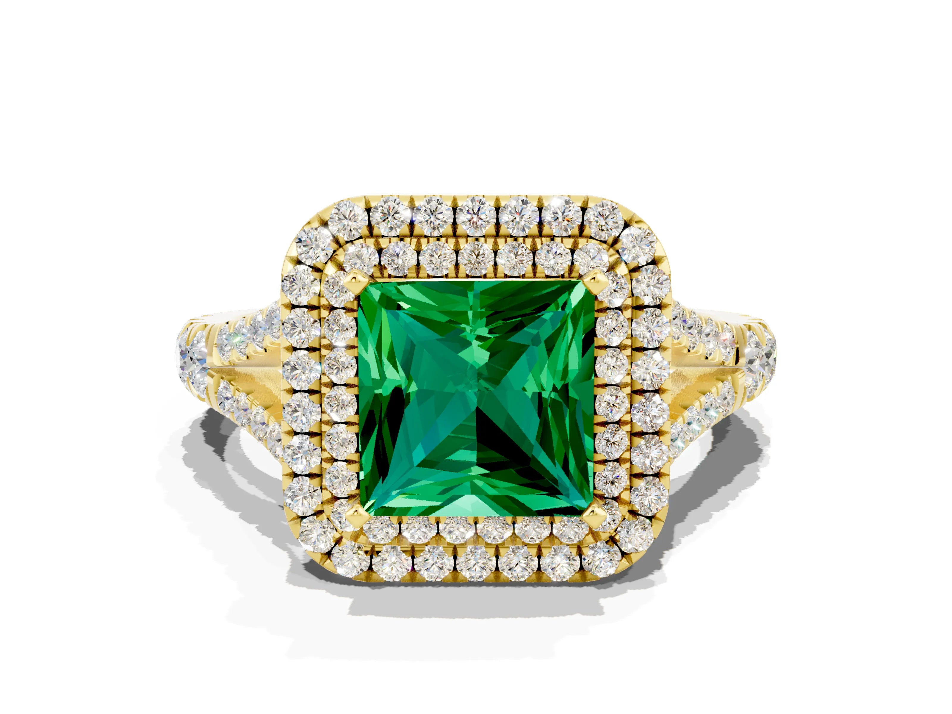 Yellow gold Princess Cut Emerald Pavé Split Shank Double Halo Engagement Ring