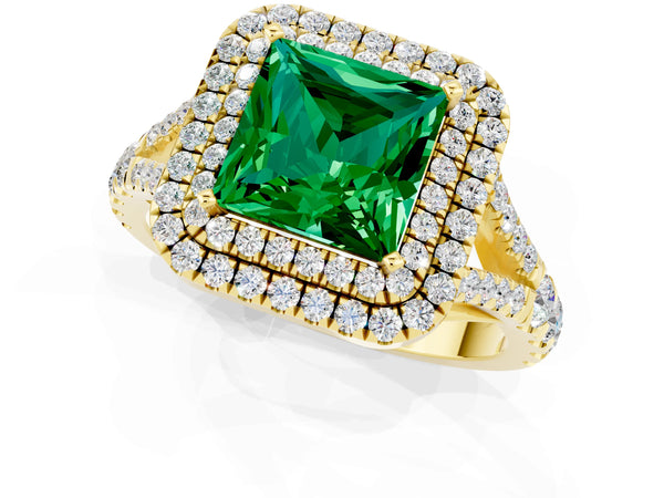 Yellow gold Princess Cut Emerald Pavé Split Shank Double Halo Engagement Ring