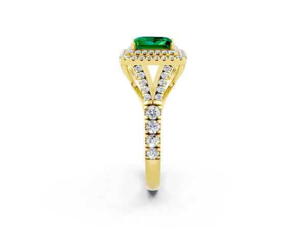 Yellow gold Princess Cut Emerald Pavé Split Shank Double Halo Engagement Ring