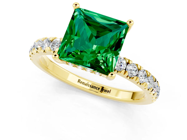 Yellow gold Princess Cut Emerald Pave Band Solitaire Ring with Round  and Prong Setting