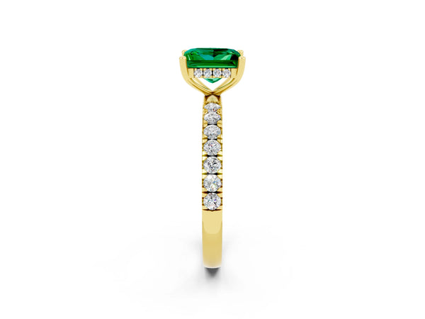 Yellow gold Princess Cut Emerald Pave Band Solitaire Ring with Round  and Prong Setting